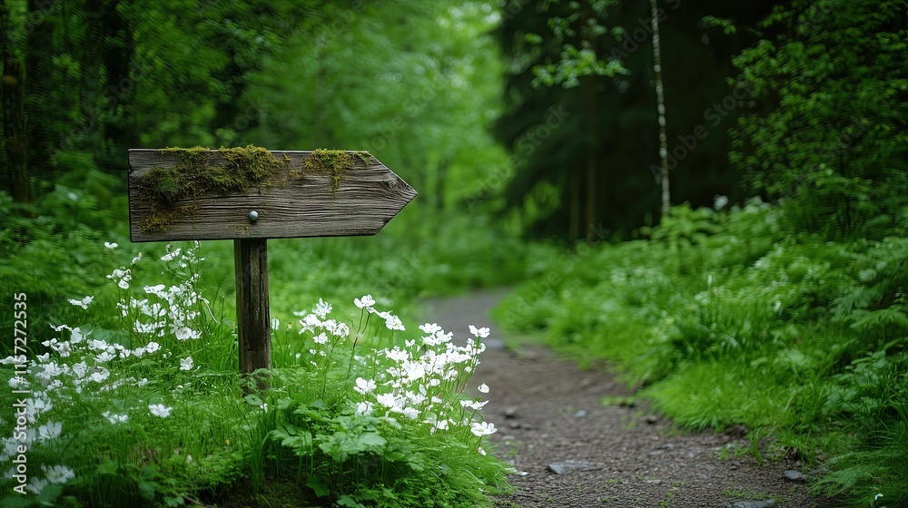 A wooden signpost marking trails along a vibrant sunlit path, blending perfectly with the natural forest environment
