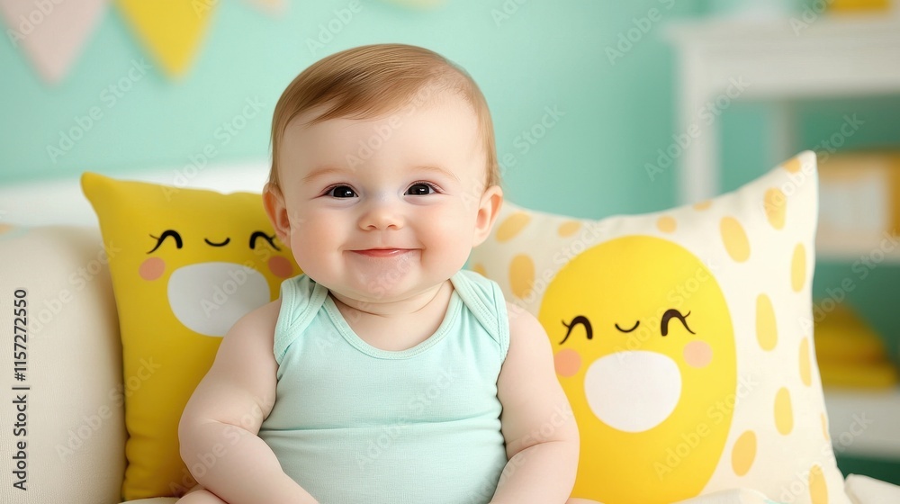Happy Baby Smiling with Cute Yellow Pillows in Bright Cheerful Environment for Stock Photography Happy Baby Smiling with Cute Yellow Pillows in Bright Cheerful Environment for Stock Photography