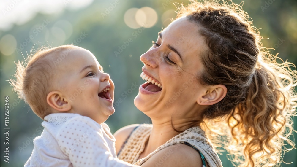 Mother joyfully laughing with her baby in a sunny outdoor setting, precious moment of happiness and connection Mother joyfully laughing with her baby in a sunny outdoor setting, precious moment of happiness and connection