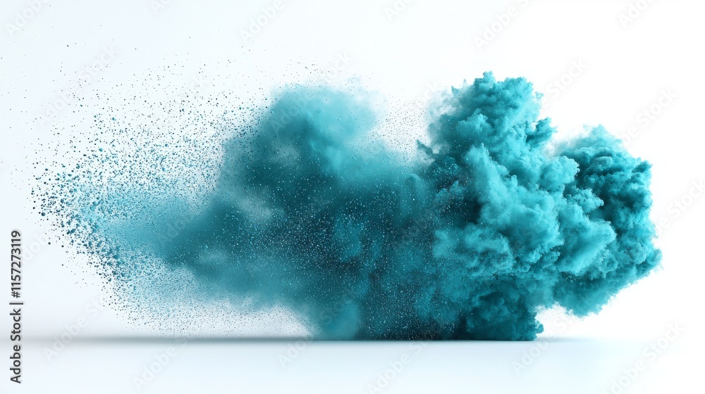 Blue and green paint splashes create a smoke cloud against a white transparent backdrop.