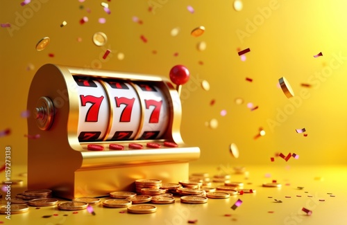 Golden casino slot machine with three sevens displayed. Lucky coins, confetti float around. Yellow background creates festive ambiance. Gambling concept. Fun entertainment. Winning chance. Potential