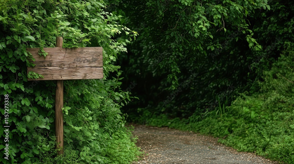 A wooden signpost marking trails along a vibrant sunlit path, blending perfectly with the natural forest environment A wooden signpost marking trails along a vibrant sunlit path, blending perfectly with the natural forest environment