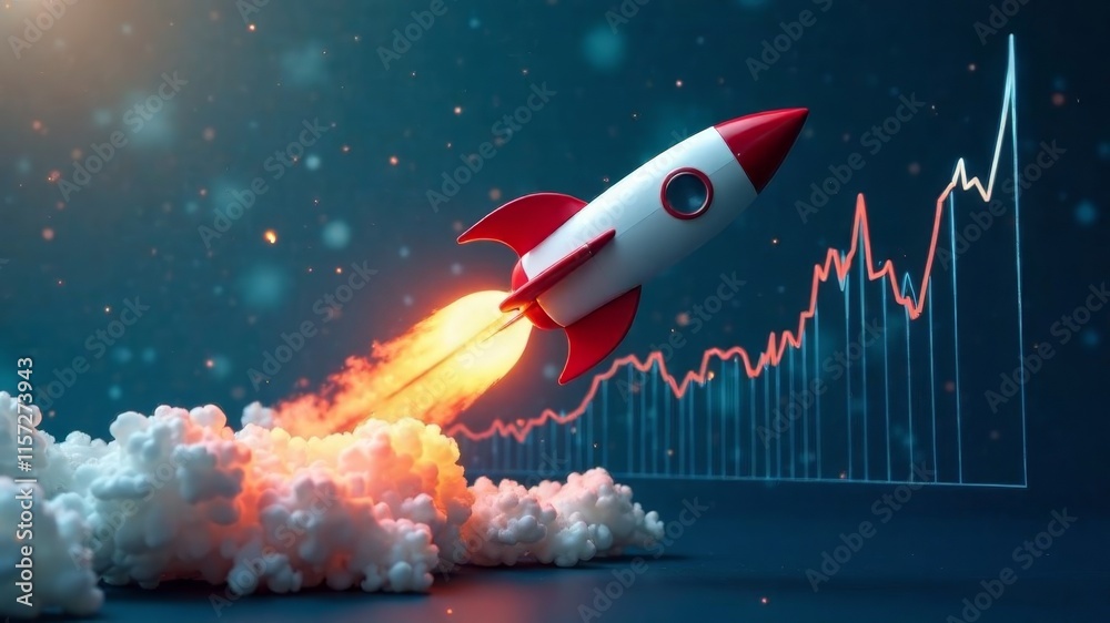 Fototapeta premium Speeding rocket next to a graph, symbolizing rapid business growth