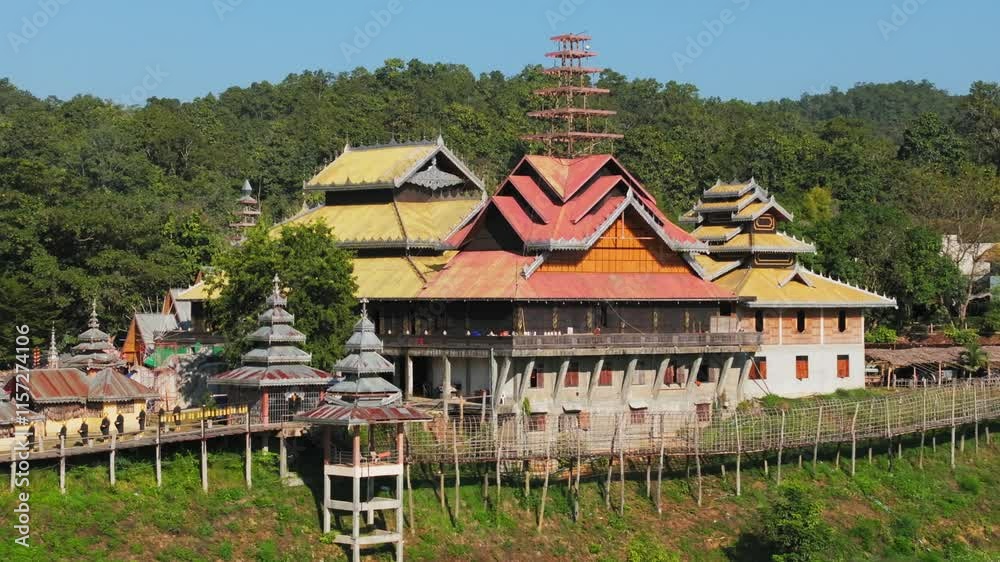 Aerial view of the Bamboo Bridge and Buddhist temple in northern Thailand near Mae Hong Son Aerial view of the Bamboo Bridge and Buddhist temple in northern Thailand near Mae Hong Son