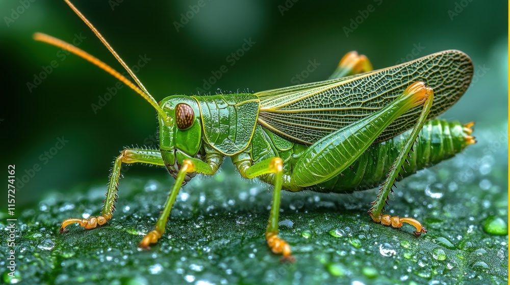 Fototapeta premium Close-up of a vibrant green grasshopper on a dew-covered leaf.