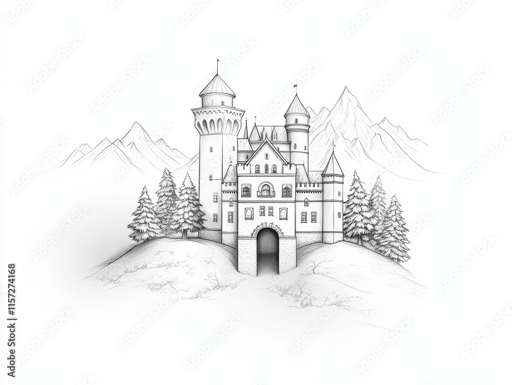 Obraz premium Enchanting Hand-Drawn Castle Surrounded by Majestic Mountains and Trees