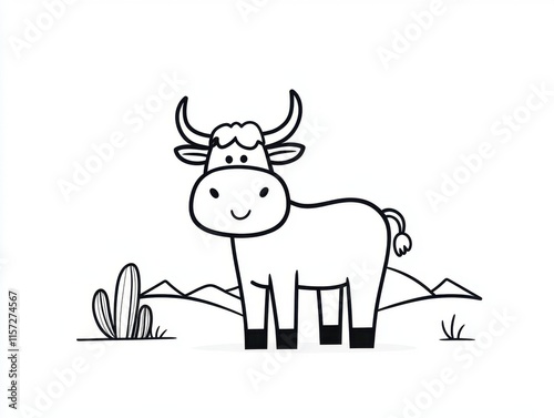 Cute Cartoon Cow Standing in a Minimalist Landscape with Mountains photo