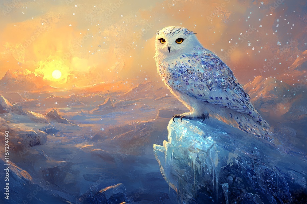 Artistic depiction of snowy owl on ice during sunset in mystical winter landscape
Artistic depiction of snowy owl on ice during sunset in mystical winter landscape