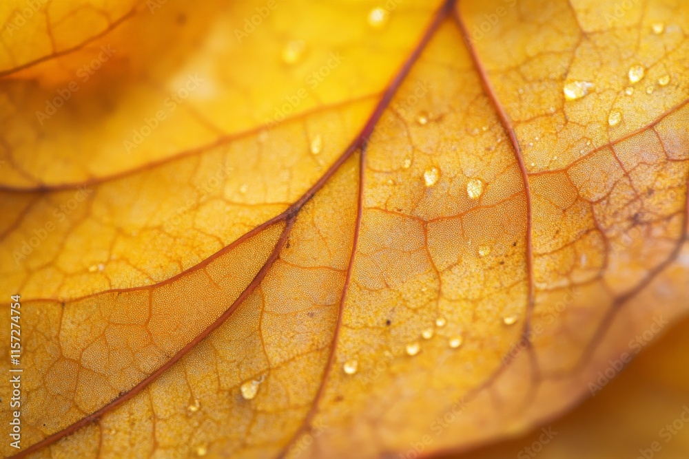 Fototapeta premium A macro shot capturing the intricate details of a yellow autumn leaf with water droplets, highlighting the beauty and fragility of seasonal change.