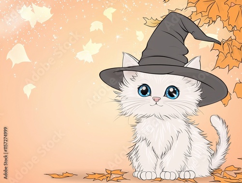 Adorable Cartoon Cat in a Witch Hat Surrounded by Falling Leaves photo