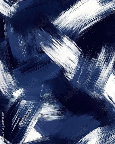 Bold brush strokes create dynamic interplay of deep blue and whi