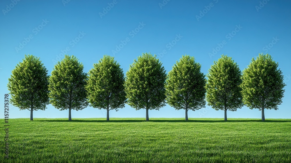 Obraz premium Six lush green trees in a row on a grassy field under a clear blue sky.