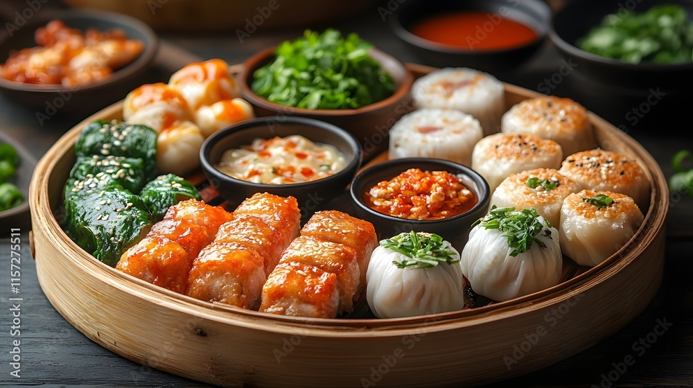 A delightful platter filled with various Dim Sum treats, showcasing a diversity of flavors and textures. A delectable Dim Sum platter, featuring an assortment of steamed buns, dumplings, and savory. A delightful platter filled with various Dim Sum treats, showcasing a diversity of flavors and textures. A delectable Dim Sum platter, featuring an assortment of steamed buns, dumplings, and savory.
