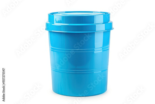 A bright blue plastic bucket with a lid, commonly used for storage or transportation. isolated on white background