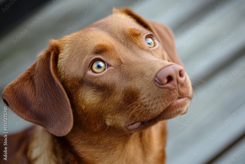 A close-up portrait of a brown dog with expressive green eyes, gazing upwards with a calm and observant demeanor, set against a blurred wooden background.