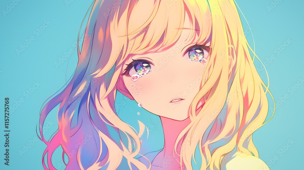 Shy and tearful anime girl with beautiful features against a gradient color background Shy and tearful anime girl with beautiful features against a gradient color background