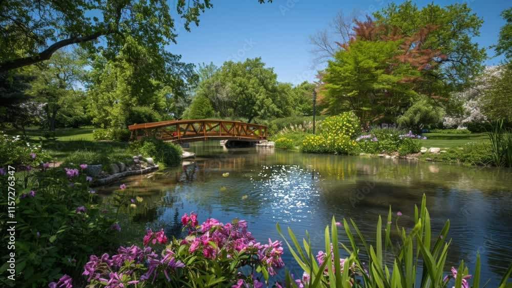 Wooden bridge crossing a serene river surrounded by blooming spring trees and vibrant flowers. Nature scenery concept saemless looping 4k time-lapse animation video background Wooden bridge crossing a serene river surrounded by blooming spring trees and vibrant flowers. Nature scenery concept saemless looping 4k time-lapse animation video background