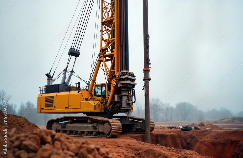Powerful drilling rig operates on construction site in northern conditions. Drilling rig creates pile foundations with bored piles. Heavy machinery works on construction site. Orange drilling Powerful drilling rig operates on construction site in northern conditions. Drilling rig creates pile foundations with bored piles. Heavy machinery works on construction site. Orange drilling