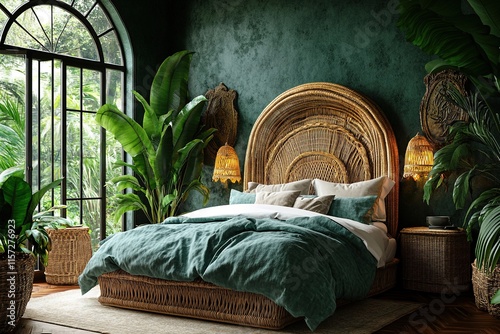 Cozy bedroom featuring rich green walls, lush plants, and elegan photo