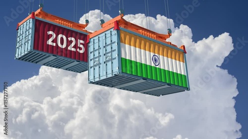 Trading 2025. Freight container with India national flag. 3D Rendering 