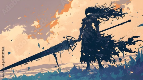 Silhouette of a warrior girl with a giant sword, cloaked and defiant in the wind