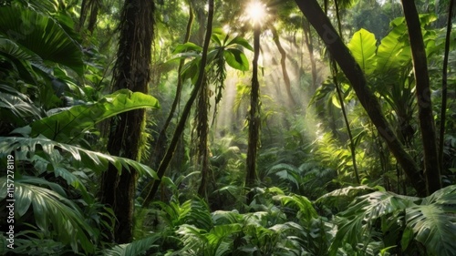 Sunbeams Streaming Through Lush Forest Canopy