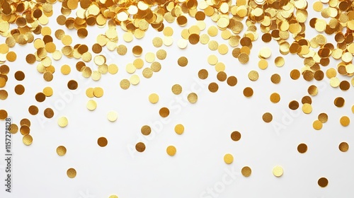 A vibrant scattering of golden confetti on a white background, creating a festive and celebratory atmosphere.