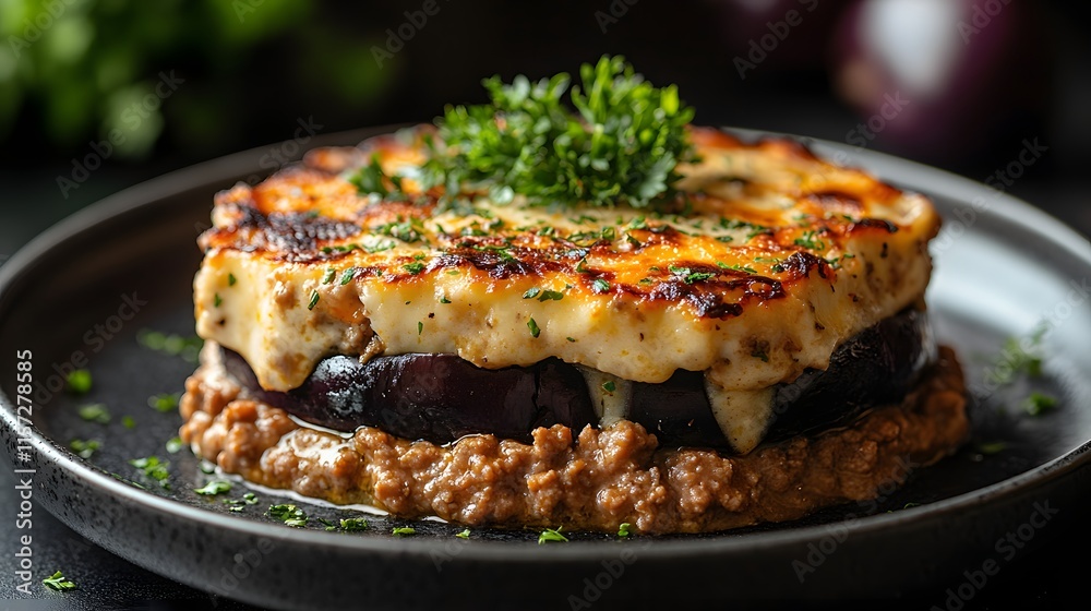 A tempting image of a Greek Moussaka, showcasing layers of eggplant, cheese, and seasoned meat. A perfect dish for a satisfying meal. Delectable Moussaka, a Greek Culinary Masterpiece A tempting image of a Greek Moussaka, showcasing layers of eggplant, cheese, and seasoned meat. A perfect dish for a satisfying meal. Delectable Moussaka, a Greek Culinary Masterpiece