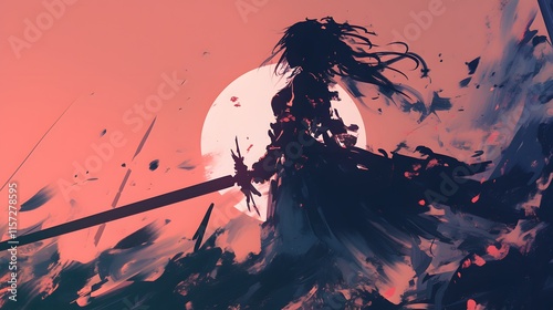 Silhouette of a warrior girl with a giant sword, cloaked and defiant in the wind