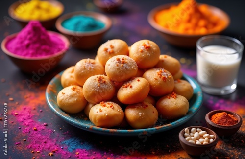 Traditional Indian Gujiya sweets piled on teal plate. Colorful Holi powder spills around plate. Glass of milk, bowls of powder colors also visible. Gujiya popular sweets for Holi celebration. Dish photo