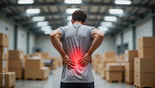 Man experiencing lower back pain in warehouse, red highlight effect