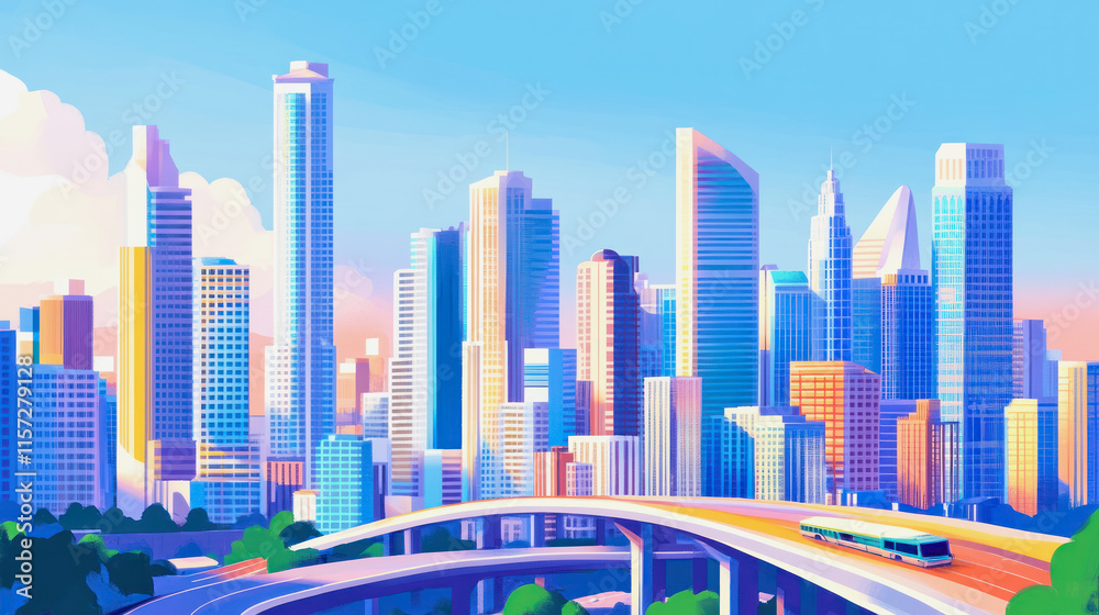 Obraz premium Modern city skyline with vibrant colors and futuristic architecture at sunset. Generative AI