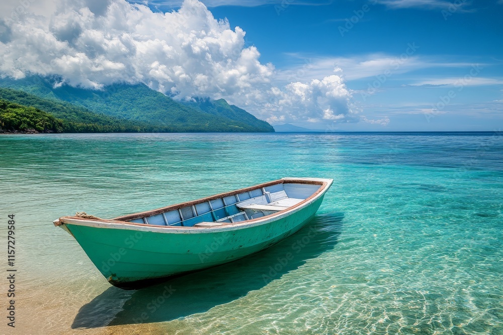 A serene view of a lone boat floating on clear blue tropical waters, against a backdrop of lush mountains and sky, evoking peace and natural beauty. A serene view of a lone boat floating on clear blue tropical waters, against a backdrop of lush mountains and sky, evoking peace and natural beauty.