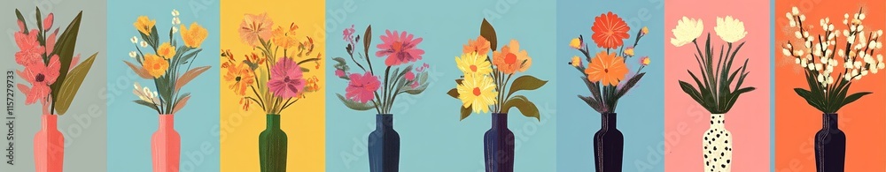 Obraz premium Vibrant Floral Arrangements Colorful Vases Pastel Background Simple Style