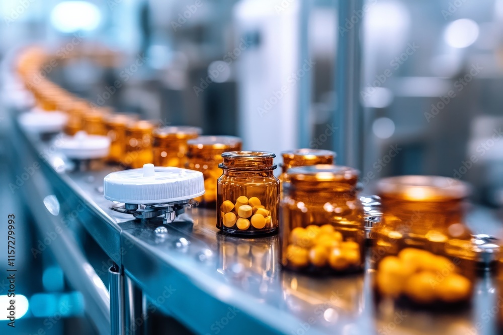 A line of amber glass bottles filled with yellow pills on an automated production conveyor belt in a pharmaceutical manufacturing facility. Modern and efficient production. A line of amber glass bottles filled with yellow pills on an automated production conveyor belt in a pharmaceutical manufacturing facility. Modern and efficient production.
