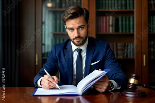 Young man wearing blue suit sits in the office at the table with pen in his right hand and folder of papers in his left hand. photo