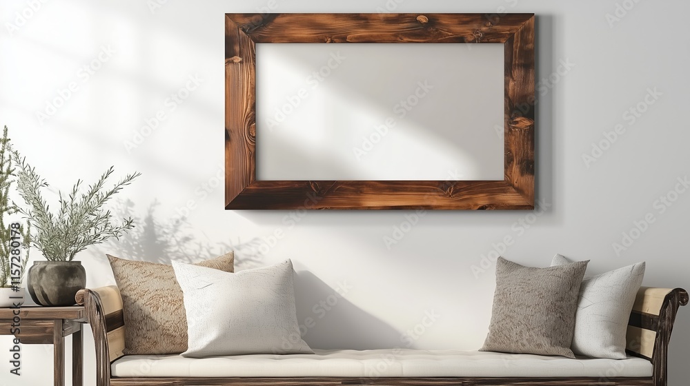 Rustic chic medium dark wood horizontal (36x24 in) picture frame against a blank empty white wall Rustic chic medium dark wood horizontal (36x24 in) picture frame against a blank empty white wall