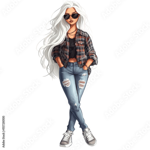 A stylish cartoon girl with flowing white hair, exuding modern elegance and confidence. PNG transparent background. photo