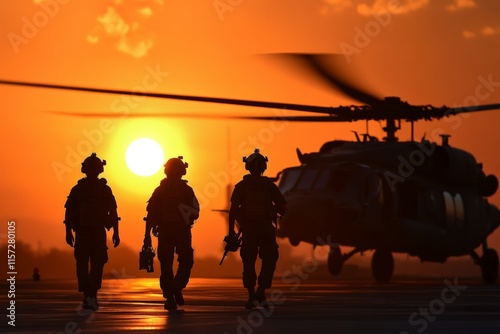 Soldiers silhouetted against an intense sunset walk towards a military helicopter, encapsulating themes of duty, bravery, and the passage of time in a dramatic scene.
