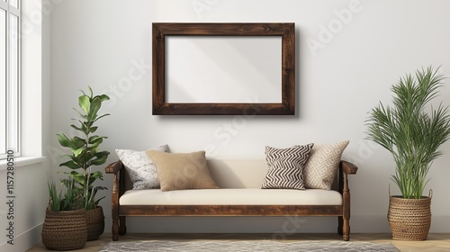 Rustic chic medium dark wood horizontal (36x24 in) picture frame against a blank empty white wall photo