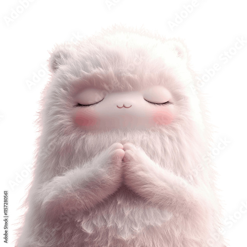 Adorable fluffy white creature with clasped paws, symbolizing innocence and affection. PNG transparent background. photo