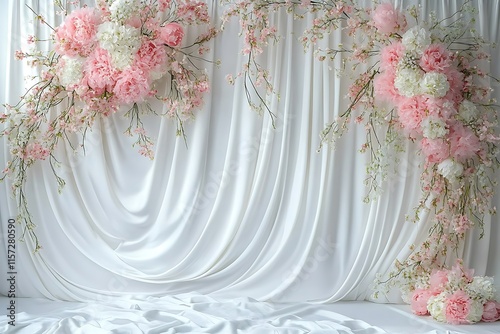Wedding backdrop, photography background with delicate flowers and white satin drapes