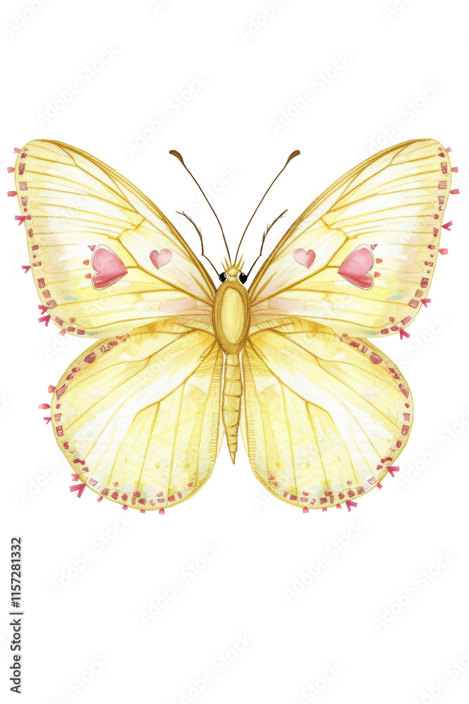 Fototapeta premium Delicate yellow butterfly with heart motifs and intricate details. Isolated on white
