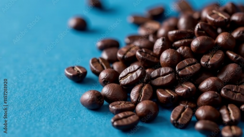 Fototapeta premium Dark roasted coffee beans on a blue background. Conveys rich aroma and texture.