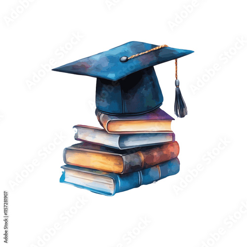 Academic Success watercolor illustration with caps and diplomas, symbolizing achievement and hard work. PNG transparent background. photo