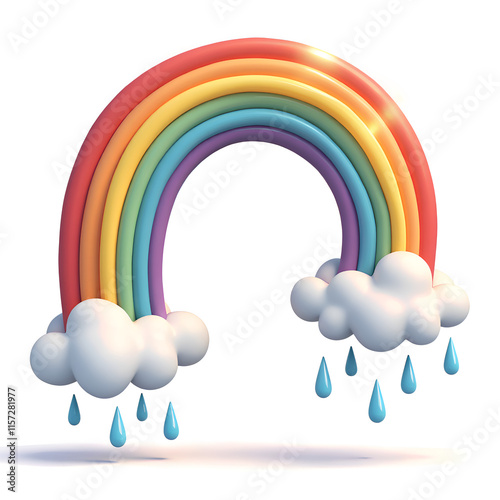 Colorful 3d rainbow with clouds and raindrops, perfect for children s decor and creative projects, 3d rendering of whimsical concept. photo