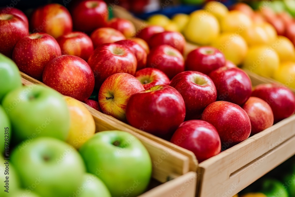 A vivid array of fresh red and green apples neatly arranged in wooden crates at a market, showcasing their colorful and enticing appearance to shoppers. A vivid array of fresh red and green apples neatly arranged in wooden crates at a market, showcasing their colorful and enticing appearance to shoppers.