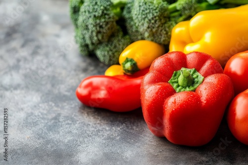 A diverse array of colorful vegetables, including peppers and broccoli, beautifully arranged on a gray marble surface, highlighting their freshness and vibrancy. photo