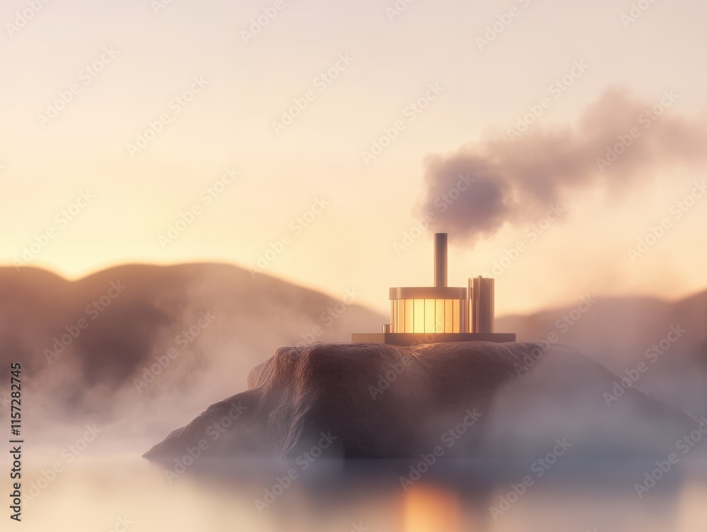A serene industrial scene featuring a factory on a rocky island, emitting smoke into a misty atmosphere at sunrise. A serene industrial scene featuring a factory on a rocky island, emitting smoke into a misty atmosphere at sunrise.