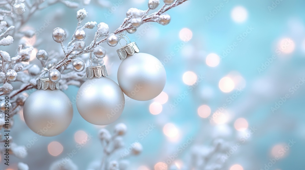 A serene winter scene featuring delicate branches adorned with shimmering white ornaments against a soft blue backdrop. A serene winter scene featuring delicate branches adorned with shimmering white ornaments against a soft blue backdrop.